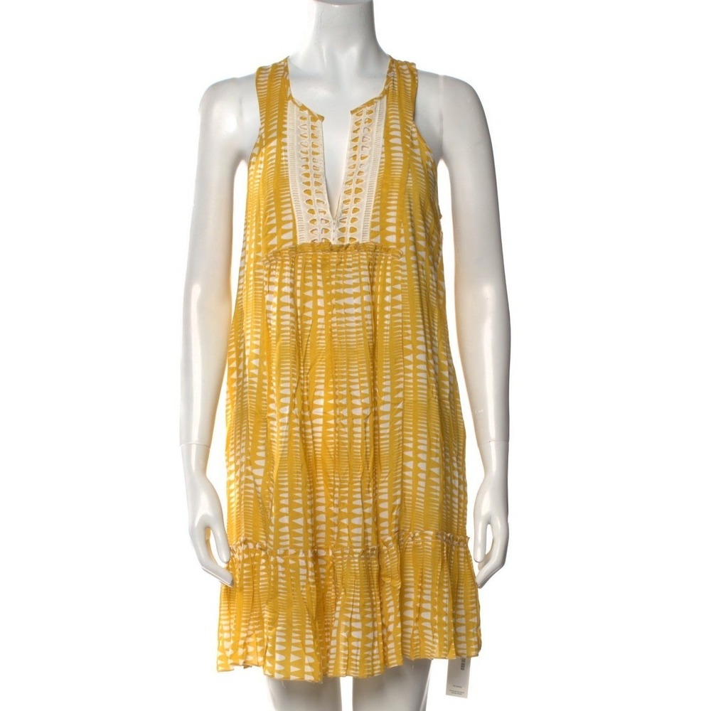 Lemlem Yellow‎ Geometric V-Neck Mini Dress Sleeveless Oversized Rayon Boho XS